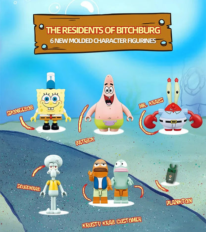Spongebob Cartoon Krusty Krab Restaurant Building Blocks Creative Canteen Scenes Model Bricks Desktop Ornaments Toy For Kid Gift Beauty World Shop