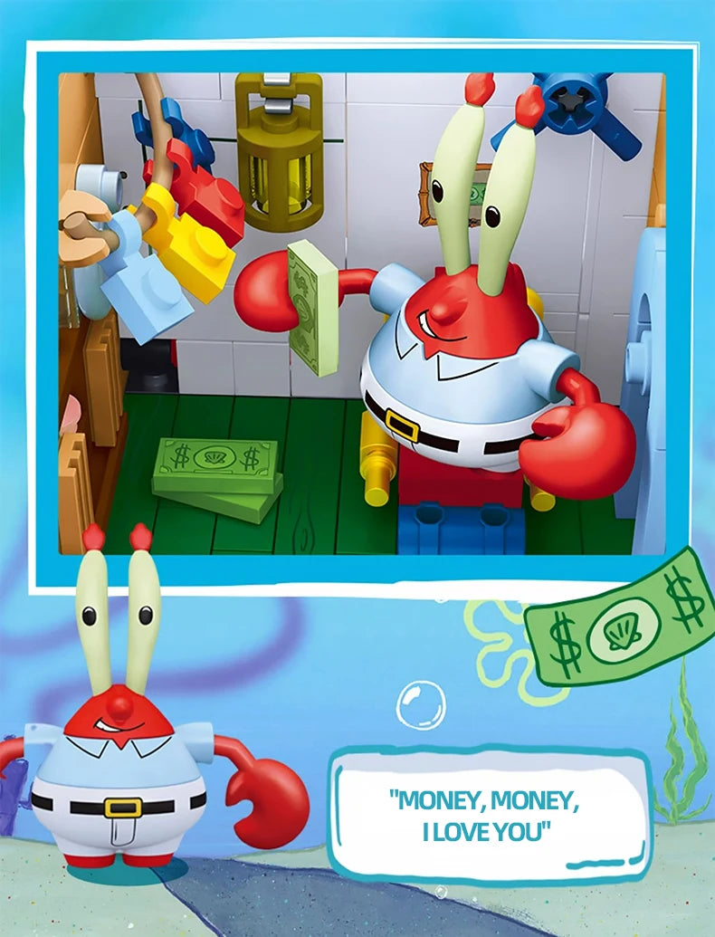 Spongebob Cartoon Krusty Krab Restaurant Building Blocks Creative Canteen Scenes Model Bricks Desktop Ornaments Toy For Kid Gift Beauty World Shop