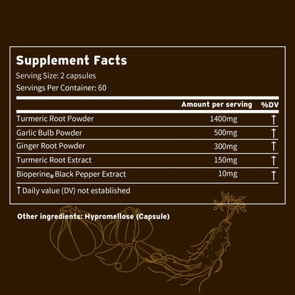 4-in-1 Turmeric Ginger Supplement - Garlic, Turmeric Root, Black Pepper - Joints, Immune Support, Digestion - 120 Capsules Beauty World Shop