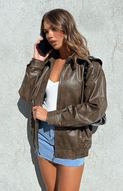 Abbi PU Vintage Brown Bomber Jacket BB Exclusive
