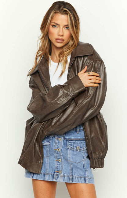Abbi PU Vintage Brown Bomber Jacket BB Exclusive