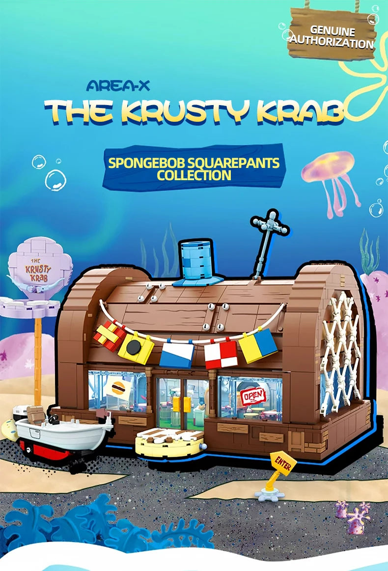 Spongebob Cartoon Krusty Krab Restaurant Building Blocks Creative Canteen Scenes Model Bricks Desktop Ornaments Toy For Kid Gift Beauty World Shop