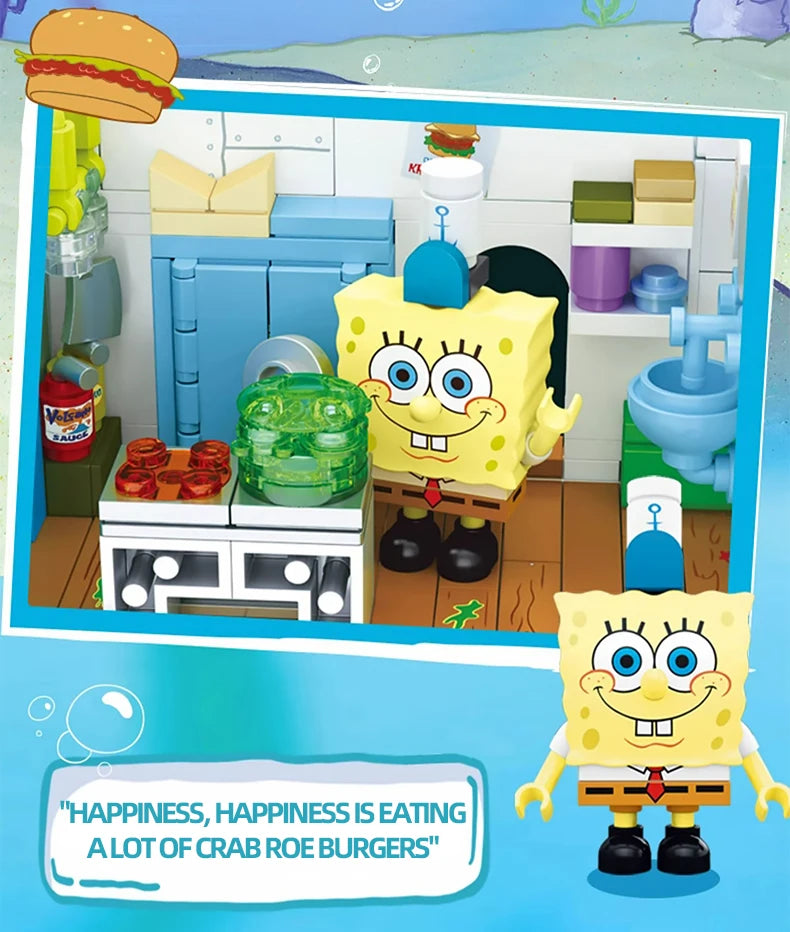 Spongebob Cartoon Krusty Krab Restaurant Building Blocks Creative Canteen Scenes Model Bricks Desktop Ornaments Toy For Kid Gift Beauty World Shop