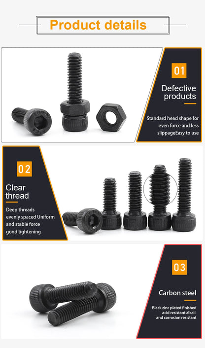 JUIDINTO 1-50pcs Hex Socket Head Cap Screw 12.9 Carbon steel Allen Screw M2 M2.5 M3 M4 M5 M6 M8 M10 Hex Cap Screw Bolt for MTB Beauty World Shop