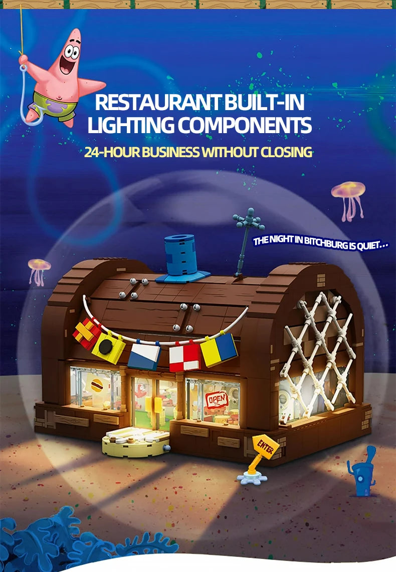 Spongebob Cartoon Krusty Krab Restaurant Building Blocks Creative Canteen Scenes Model Bricks Desktop Ornaments Toy For Kid Gift Beauty World Shop