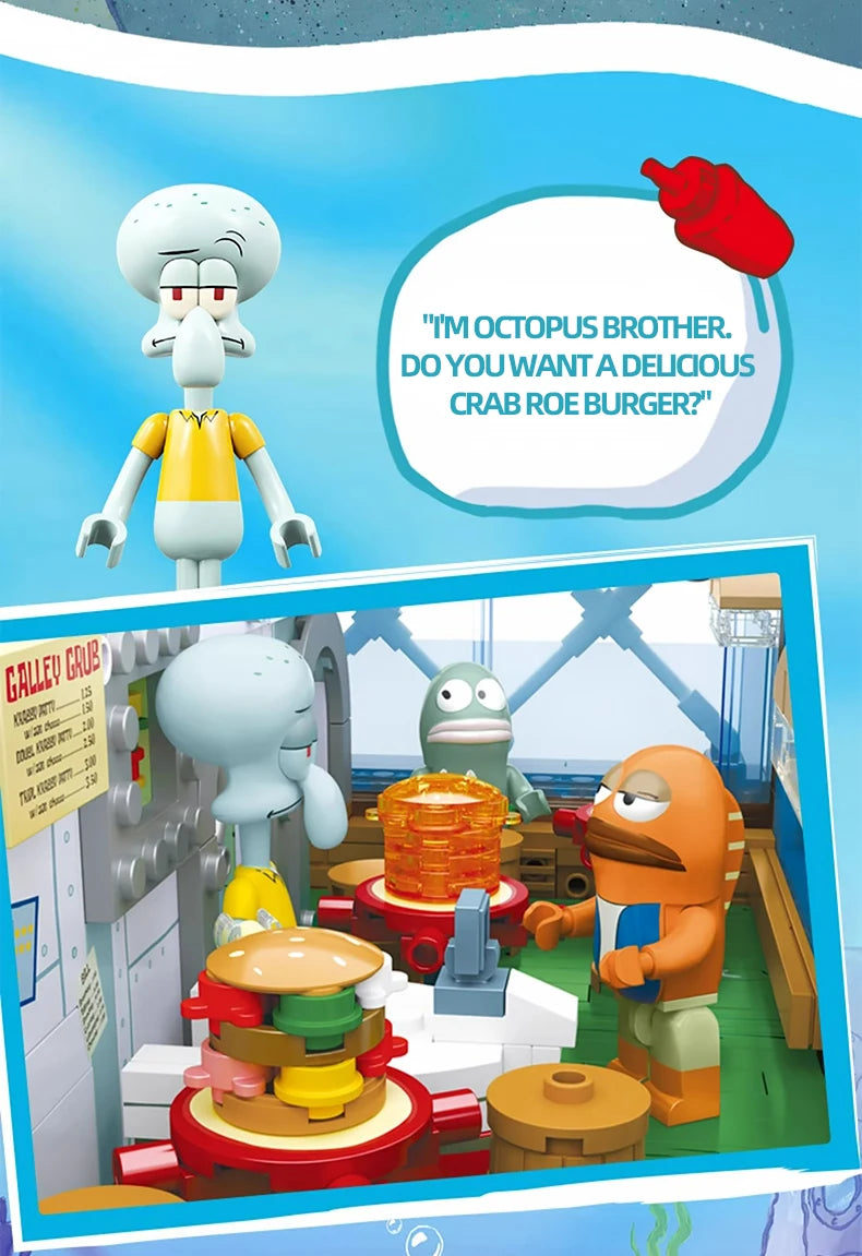 Spongebob Cartoon Krusty Krab Restaurant Building Blocks Creative Canteen Scenes Model Bricks Desktop Ornaments Toy For Kid Gift Beauty World Shop
