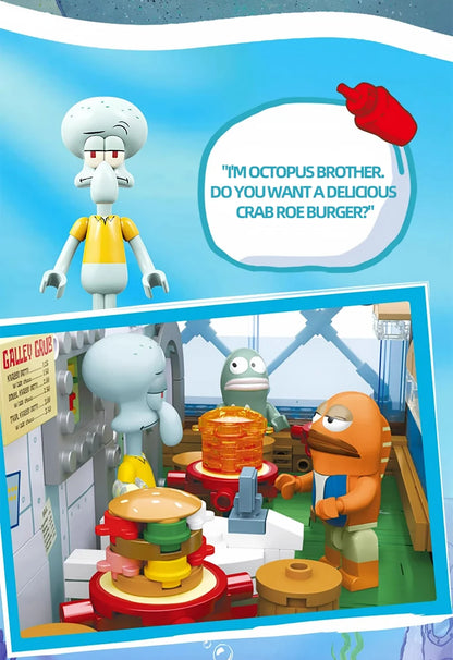 Spongebob Cartoon Krusty Krab Restaurant Building Blocks Creative Canteen Scenes Model Bricks Desktop Ornaments Toy For Kid Gift Beauty World Shop