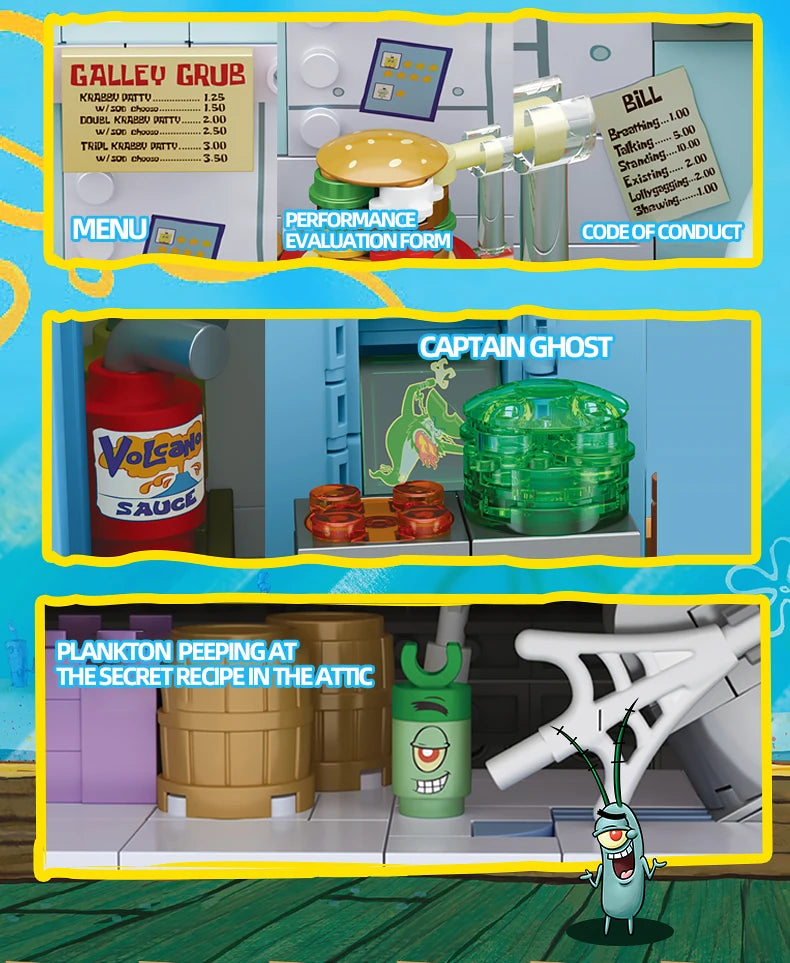 Spongebob Cartoon Krusty Krab Restaurant Building Blocks Creative Canteen Scenes Model Bricks Desktop Ornaments Toy For Kid Gift Beauty World Shop