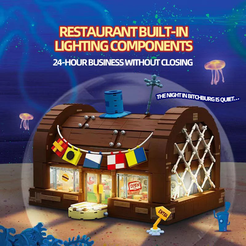 Spongebob Cartoon Krusty Krab Restaurant Building Blocks Creative Canteen Scenes Model Bricks Desktop Ornaments Toy For Kid Gift Beauty World Shop
