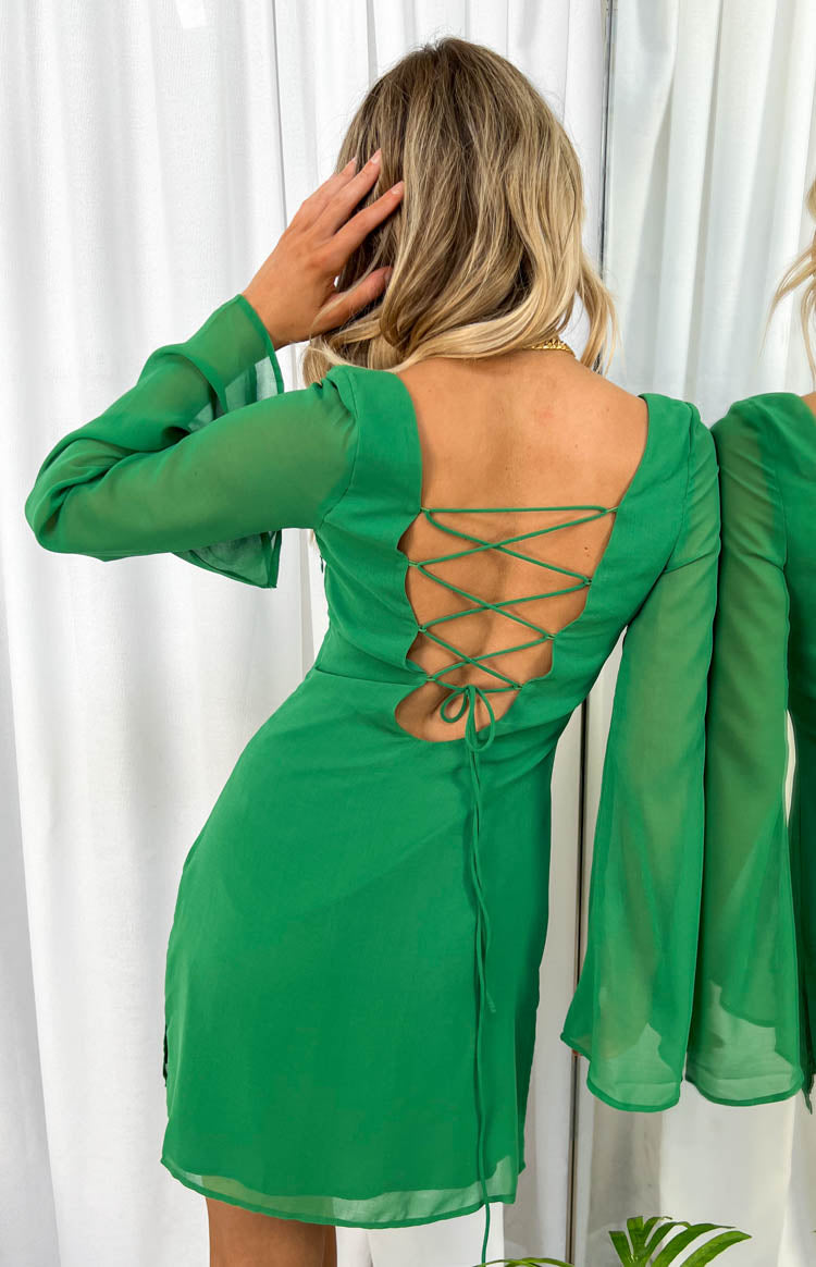 Amalfi Green Long Sleeve Lace Up Mini Dress BB Exclusive