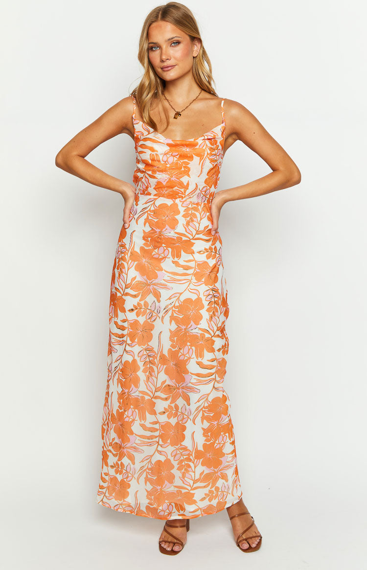 Cambri Orange Floral Chiffon Maxi Dress BB Exclusive