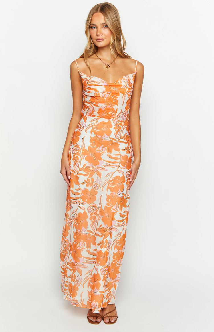 Cambri Orange Floral Chiffon Maxi Dress BB Exclusive