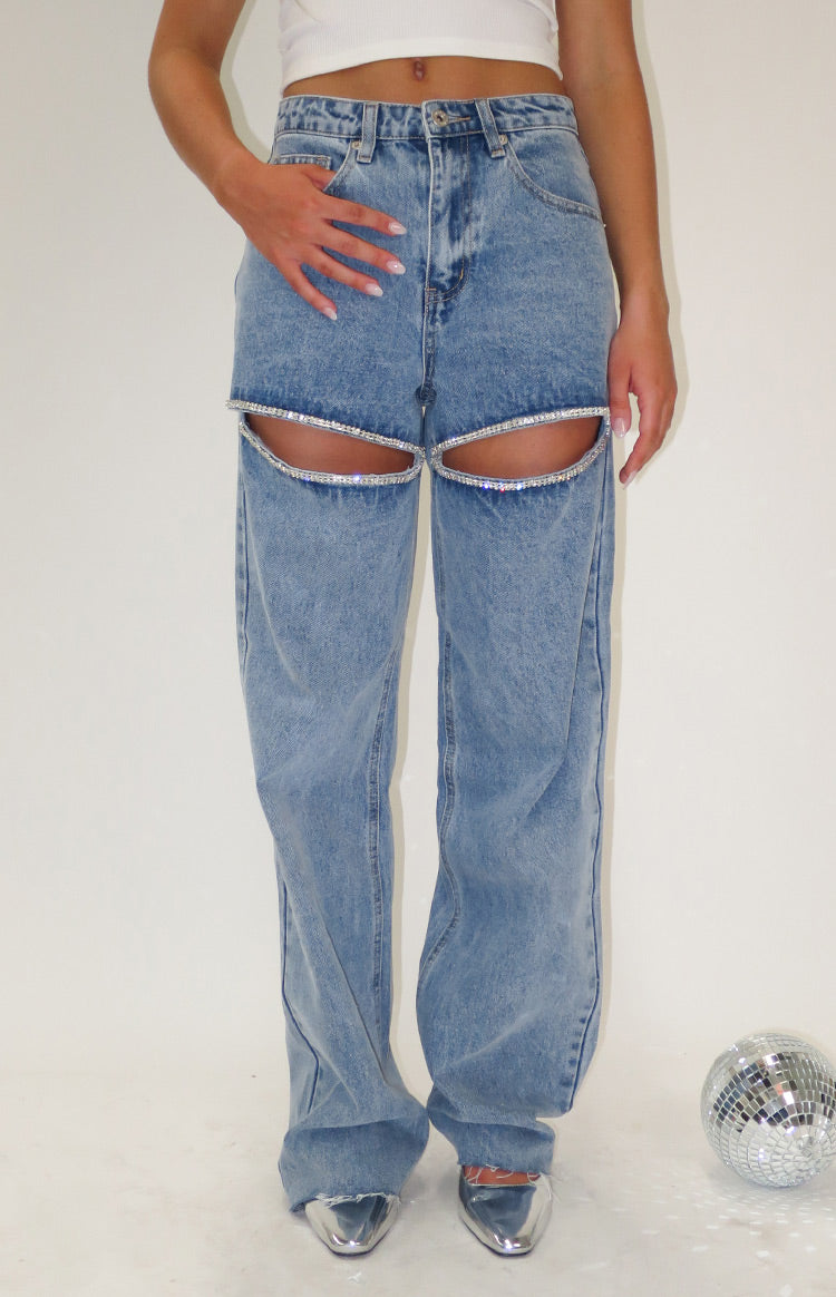 Gem Diamante Trim Wide Leg Denim Jeans BB Exclusive