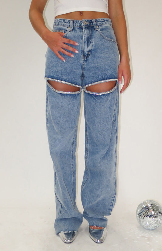 Gem Diamante Trim Wide Leg Denim Jeans BB Exclusive