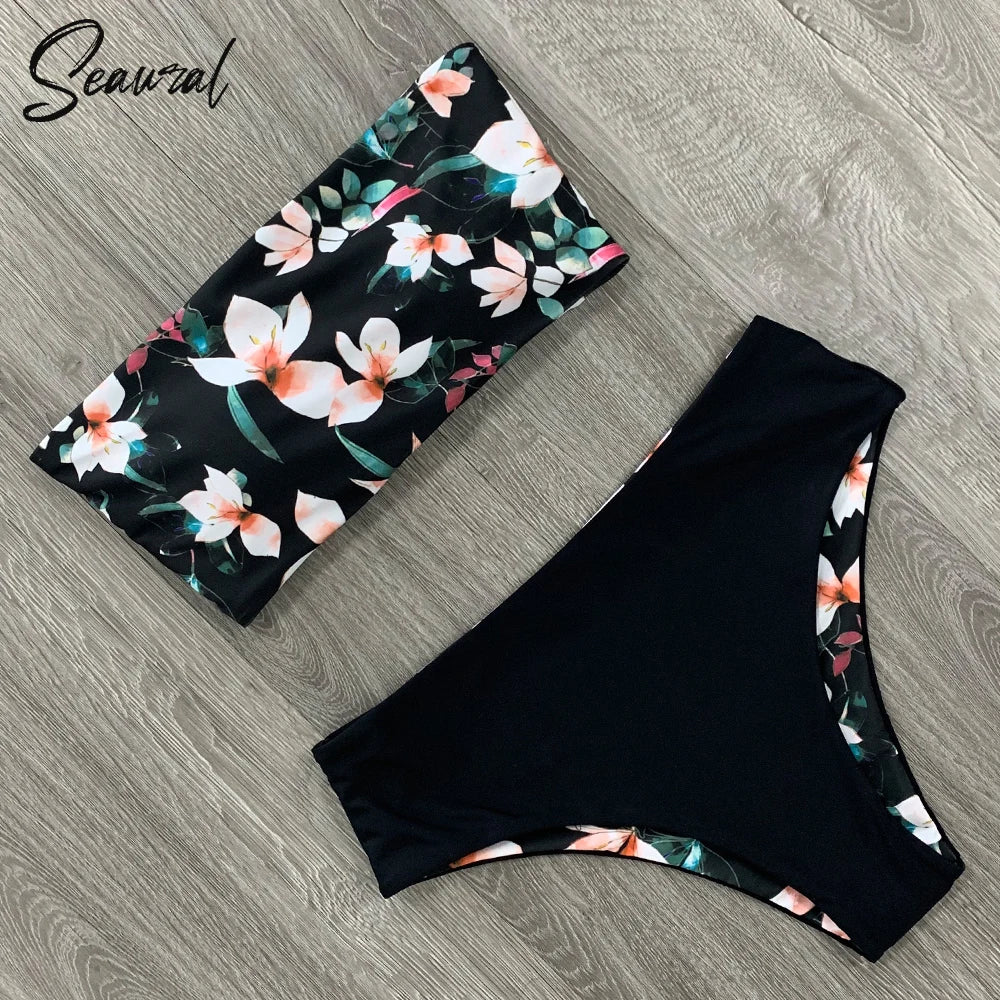 2025 New Sexy Low Hight Bikini Set Swimwear Women Bandeau Female Print Floral Strappy Swimsuit Bathing Suit Beach Wear Biquini Beauty World Shop