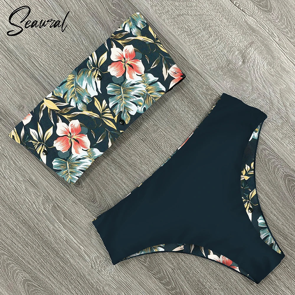 2025 New Sexy Low Hight Bikini Set Swimwear Women Bandeau Female Print Floral Strappy Swimsuit Bathing Suit Beach Wear Biquini Beauty World Shop