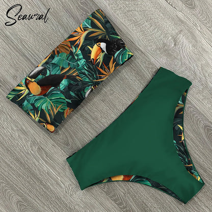 2025 New Sexy Low Hight Bikini Set Swimwear Women Bandeau Female Print Floral Strappy Swimsuit Bathing Suit Beach Wear Biquini Beauty World Shop