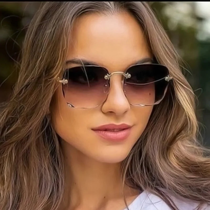 3PCS Square Rimless Sunglasses Women Luxury Brand Designer Summer Red Glasses Fashion Sun glasses For Men UV400 Shades Oculos Beauty World Shop