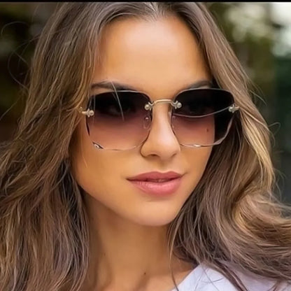 3PCS Square Rimless Sunglasses Women Luxury Brand Designer Summer Red Glasses Fashion Sun glasses For Men UV400 Shades Oculos Beauty World Shop