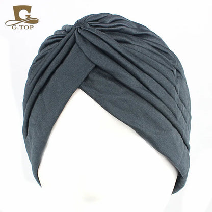 New Knotted Ruffle Turban Ladies Soft Headscarf Casual Streetwear Female Muslim Hijab Indian Hats Cancer Chemo Cap Turbante Beauty World Shop