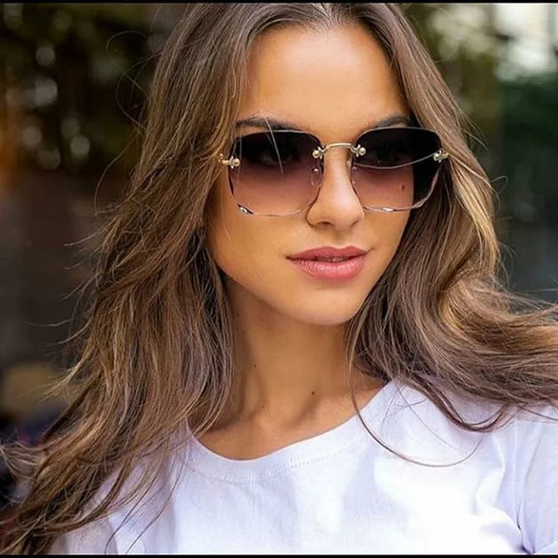 3PCS Square Rimless Sunglasses Women Luxury Brand Designer Summer Red Glasses Fashion Sun glasses For Men UV400 Shades Oculos Beauty World Shop