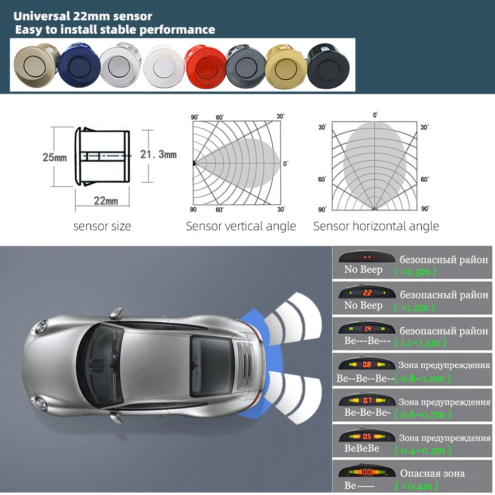 Hippcron Car LED Parking Sensor Kit 4 Sensors 22mm Reverse Radar Sound Alert Indicator System 8 Colors Beauty World Shop
