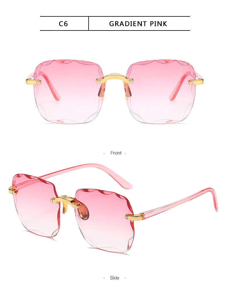 3PCS Square Rimless Sunglasses Women Luxury Brand Designer Summer Red Glasses Fashion Sun glasses For Men UV400 Shades Oculos Beauty World Shop
