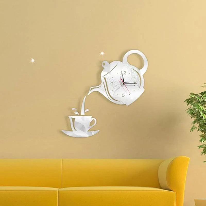 3D DIY Teapot Shape Wall Clock Acrylic Mirror Clock Modern Kitchen Home Decor Wall Sticker Hollow Digital Clock watch home clock Beauty World Shop