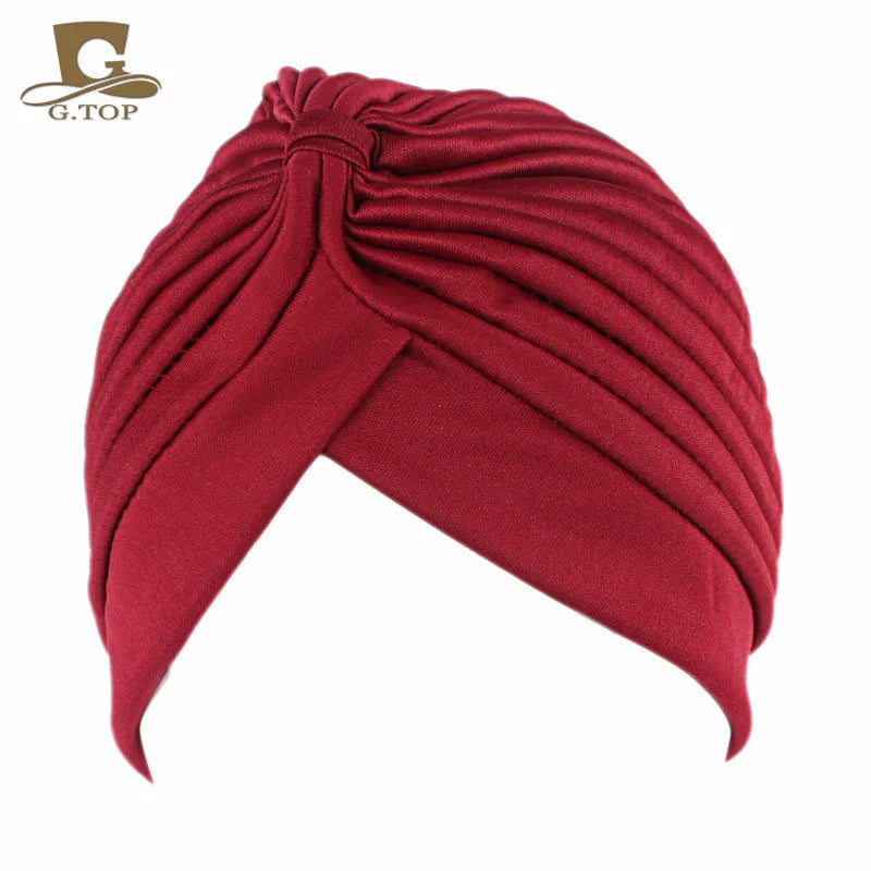 New Knotted Ruffle Turban Ladies Soft Headscarf Casual Streetwear Female Muslim Hijab Indian Hats Cancer Chemo Cap Turbante Beauty World Shop