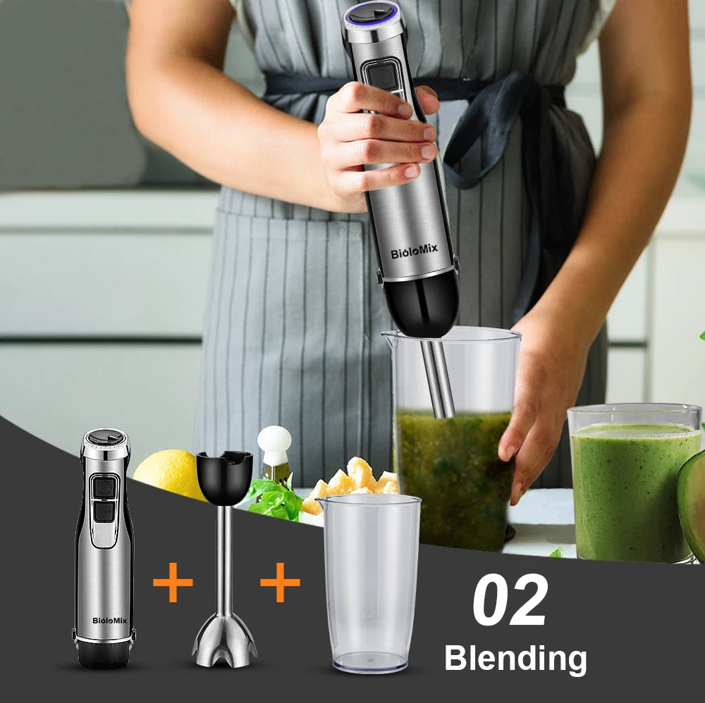 BioloMix 4 in 1 High Power 1200W Immersion Hand Stick Blender Mixer Includes Chopper and Smoothie Cup Stainless Steel Ice Blades Beauty World Shop