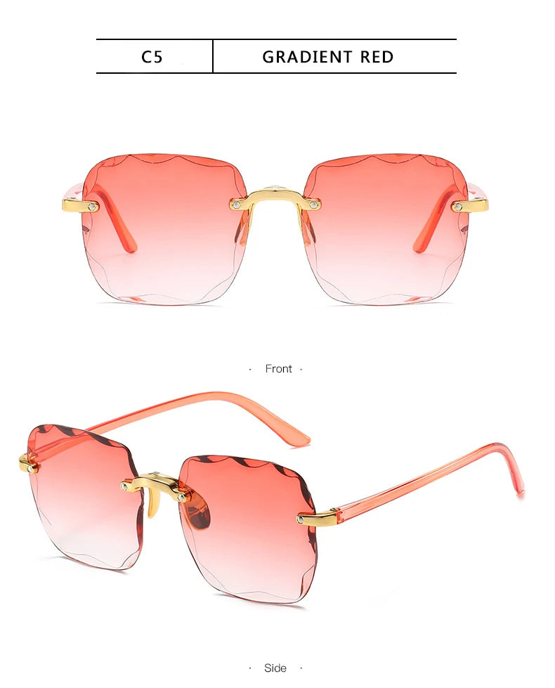 3PCS Square Rimless Sunglasses Women Luxury Brand Designer Summer Red Glasses Fashion Sun glasses For Men UV400 Shades Oculos Beauty World Shop