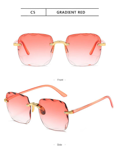3PCS Square Rimless Sunglasses Women Luxury Brand Designer Summer Red Glasses Fashion Sun glasses For Men UV400 Shades Oculos Beauty World Shop