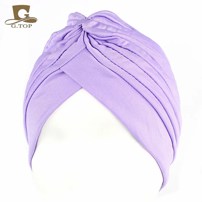New Knotted Ruffle Turban Ladies Soft Headscarf Casual Streetwear Female Muslim Hijab Indian Hats Cancer Chemo Cap Turbante Beauty World Shop