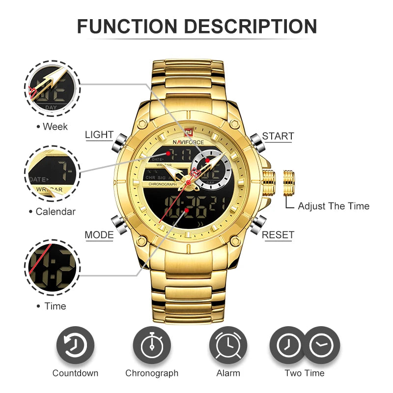 NAVIFORCE 9163 Luxury Original Sport Wrist Watch For Men Quartz Steel Waterproof Dual Display Military Watches Relogio Masculino Beauty World Shop