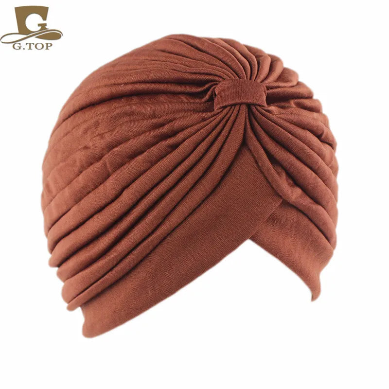 New Knotted Ruffle Turban Ladies Soft Headscarf Casual Streetwear Female Muslim Hijab Indian Hats Cancer Chemo Cap Turbante Beauty World Shop