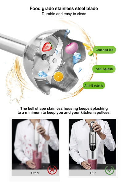 BioloMix 4 in 1 High Power 1200W Immersion Hand Stick Blender Mixer Includes Chopper and Smoothie Cup Stainless Steel Ice Blades Beauty World Shop