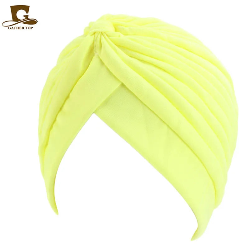 New Knotted Ruffle Turban Ladies Soft Headscarf Casual Streetwear Female Muslim Hijab Indian Hats Cancer Chemo Cap Turbante Beauty World Shop