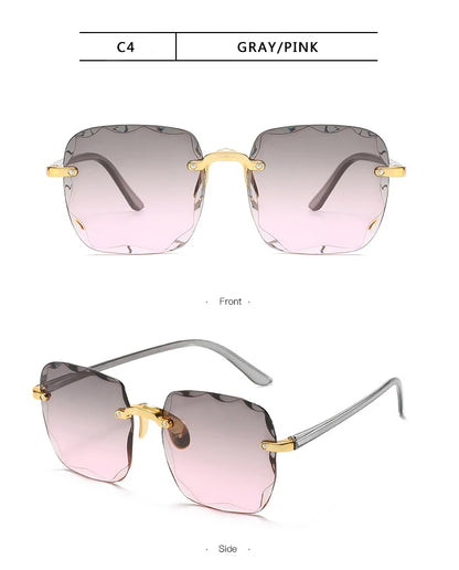3PCS Square Rimless Sunglasses Women Luxury Brand Designer Summer Red Glasses Fashion Sun glasses For Men UV400 Shades Oculos Beauty World Shop