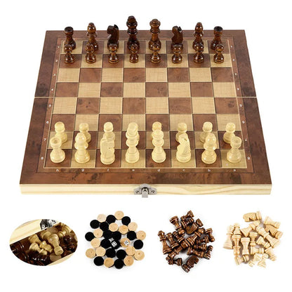 3 in 1 Chess Board, Folding Wooden Portable Chess Game Board, Wooden Chess Board for Adults(Chess + Checkers and Backgammon) Beauty World Shop