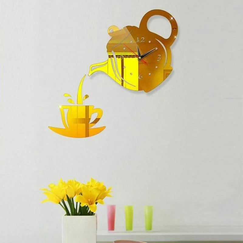 3D DIY Teapot Shape Wall Clock Acrylic Mirror Clock Modern Kitchen Home Decor Wall Sticker Hollow Digital Clock watch home clock Beauty World Shop