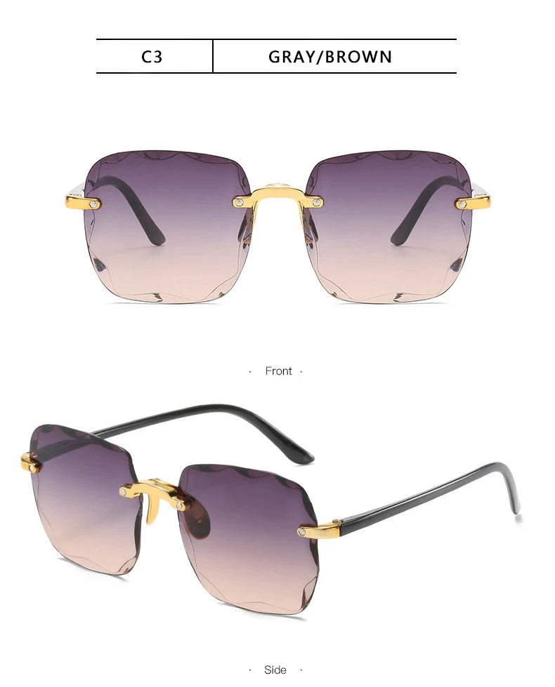 3PCS Square Rimless Sunglasses Women Luxury Brand Designer Summer Red Glasses Fashion Sun glasses For Men UV400 Shades Oculos Beauty World Shop