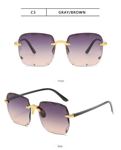 3PCS Square Rimless Sunglasses Women Luxury Brand Designer Summer Red Glasses Fashion Sun glasses For Men UV400 Shades Oculos Beauty World Shop