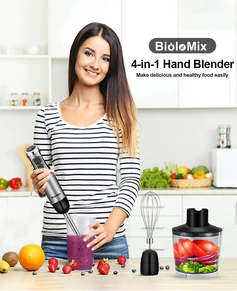 BioloMix 4 in 1 High Power 1200W Immersion Hand Stick Blender Mixer Includes Chopper and Smoothie Cup Stainless Steel Ice Blades Beauty World Shop