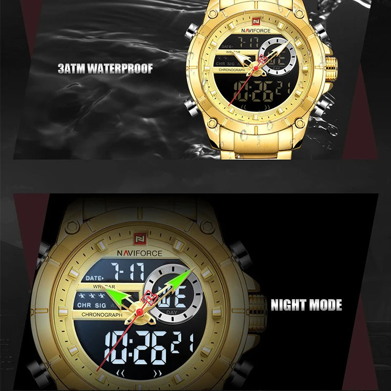NAVIFORCE 9163 Luxury Original Sport Wrist Watch For Men Quartz Steel Waterproof Dual Display Military Watches Relogio Masculino Beauty World Shop