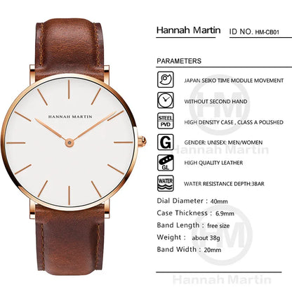 Hannah Martin Brand Fashion  Japan Quartz Wrist Watches Silver Brown Leather Men Watch Waterproof Dress Watch Men Casual Beauty World Shop