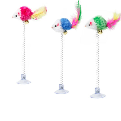 Swinging Mouse Toy - Suction Cup, Spring, and Feather Mouse Toy with Bell Sound, Interactive Cat Toy Beauty World Shop