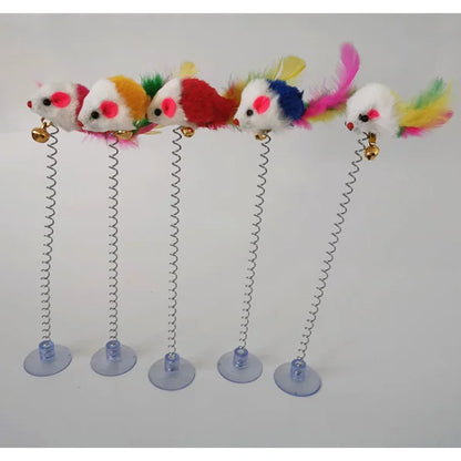 Swinging Mouse Toy - Suction Cup, Spring, and Feather Mouse Toy with Bell Sound, Interactive Cat Toy