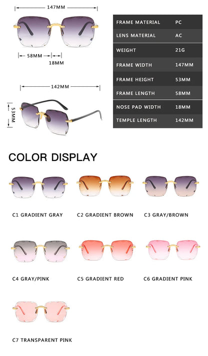 3PCS Square Rimless Sunglasses Women Luxury Brand Designer Summer Red Glasses Fashion Sun glasses For Men UV400 Shades Oculos Beauty World Shop