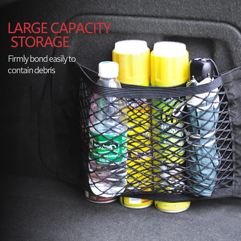 Car Trunk Mesh Organizer Car Tail Storage Net Seat Back Pocket Universal Trunk Bag Auto Magic Tape Network Interior Accessories Beauty World Shop