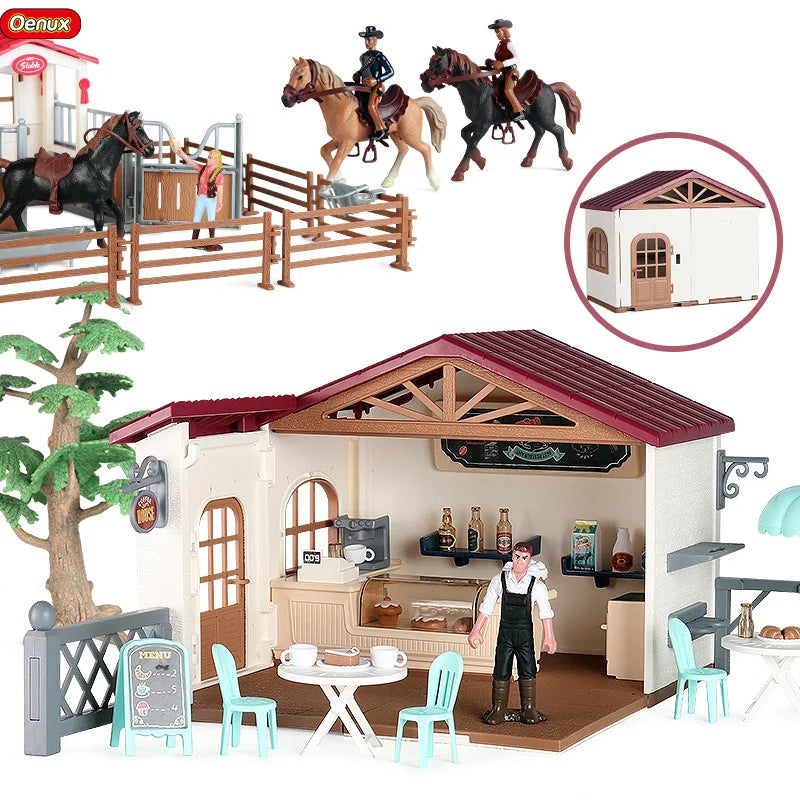 Oenux Farm Stable House Model Action Figures Emulational Horseman Horse Animals Playset Figurine Cute Educational Kids Toy Gift Beauty World Shop